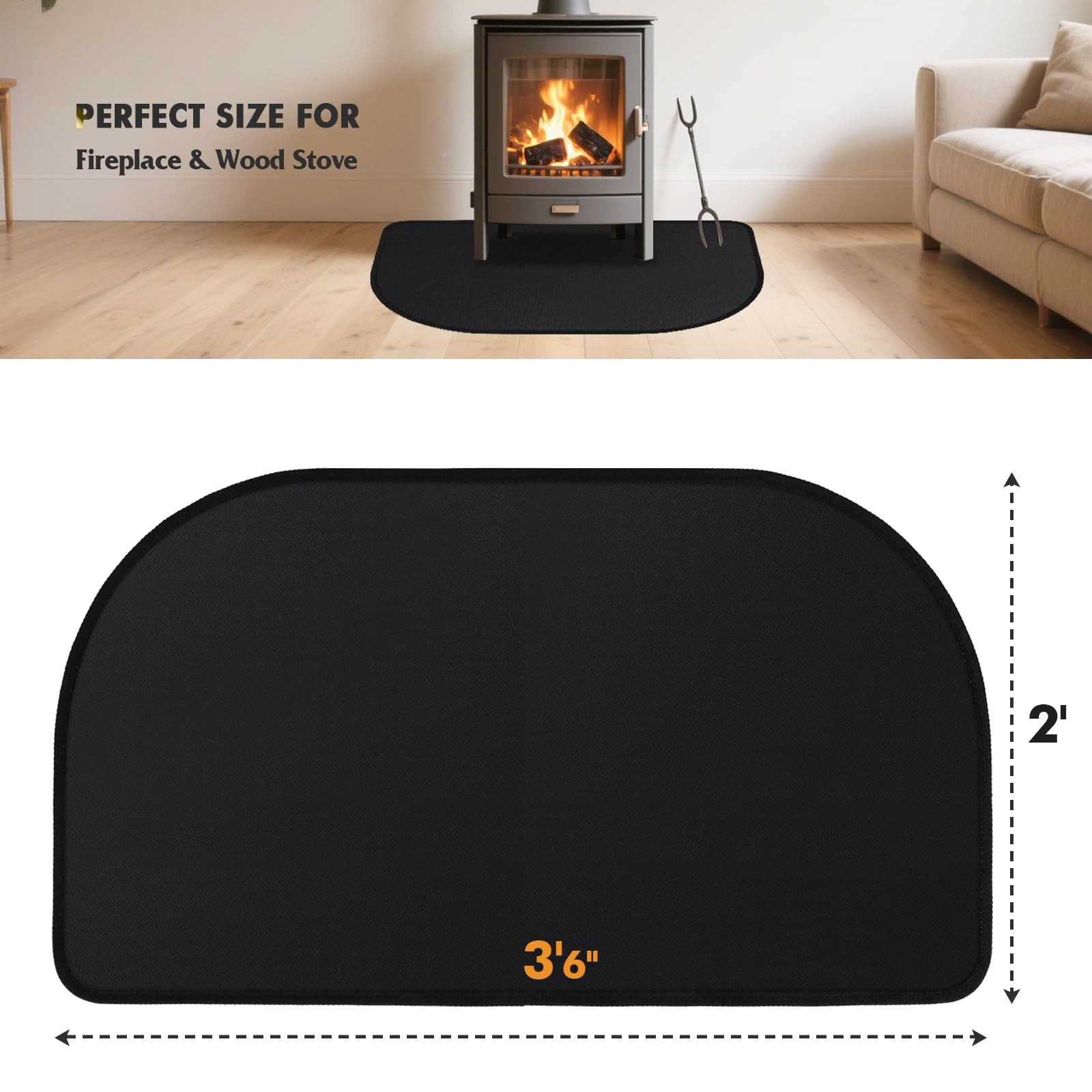 Fireplace Mat, 2′ x 3’6” x 0.06” Rugs x x 0.06”, Black