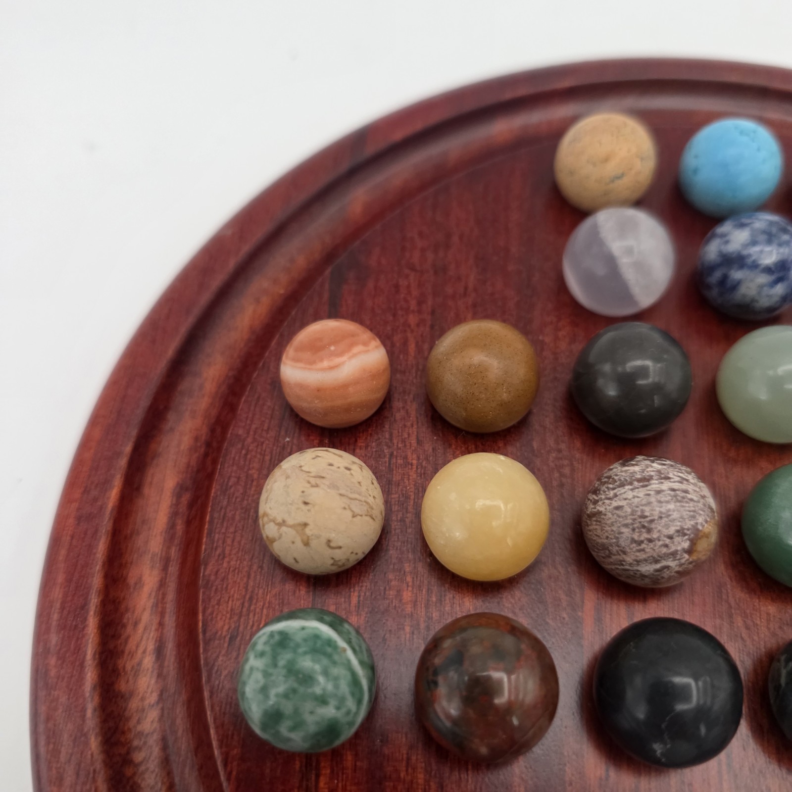 Miniature Marble Solitaire Game with Semi Precious Gemstones Minerals Wood Board