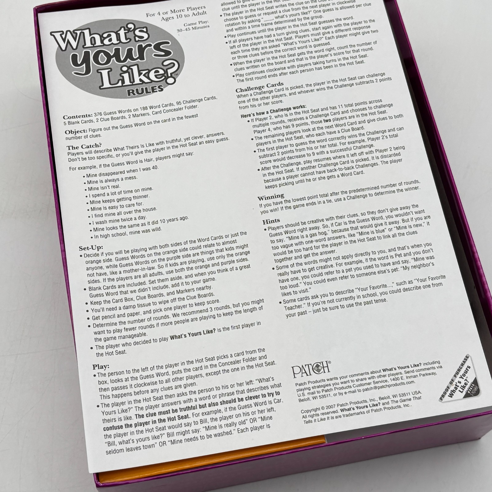 What’s Yours Like COMPLETE Patch Products 2007 Party Game