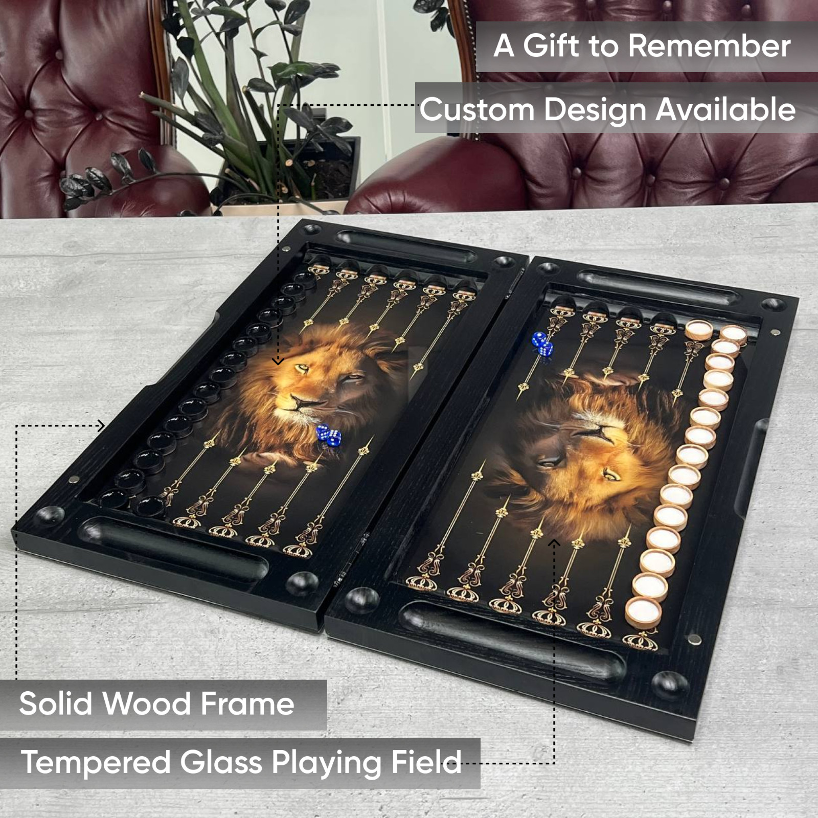 Luxury Glass Backgammon Board Carved Ash Wood Custom Design Milestone Gift Him