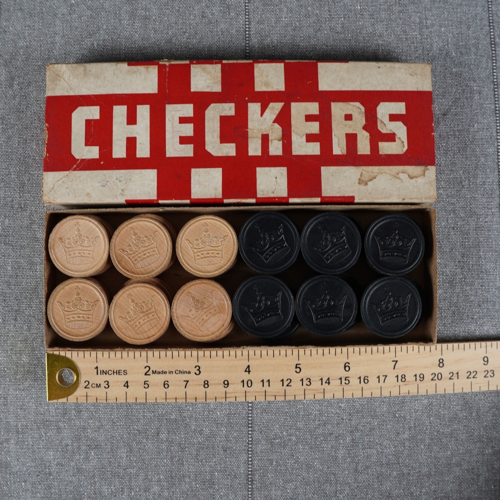 Vintage Wooden Checkers 24 Piece Set Hal Sam Made in USA Embossed Wood Game Box