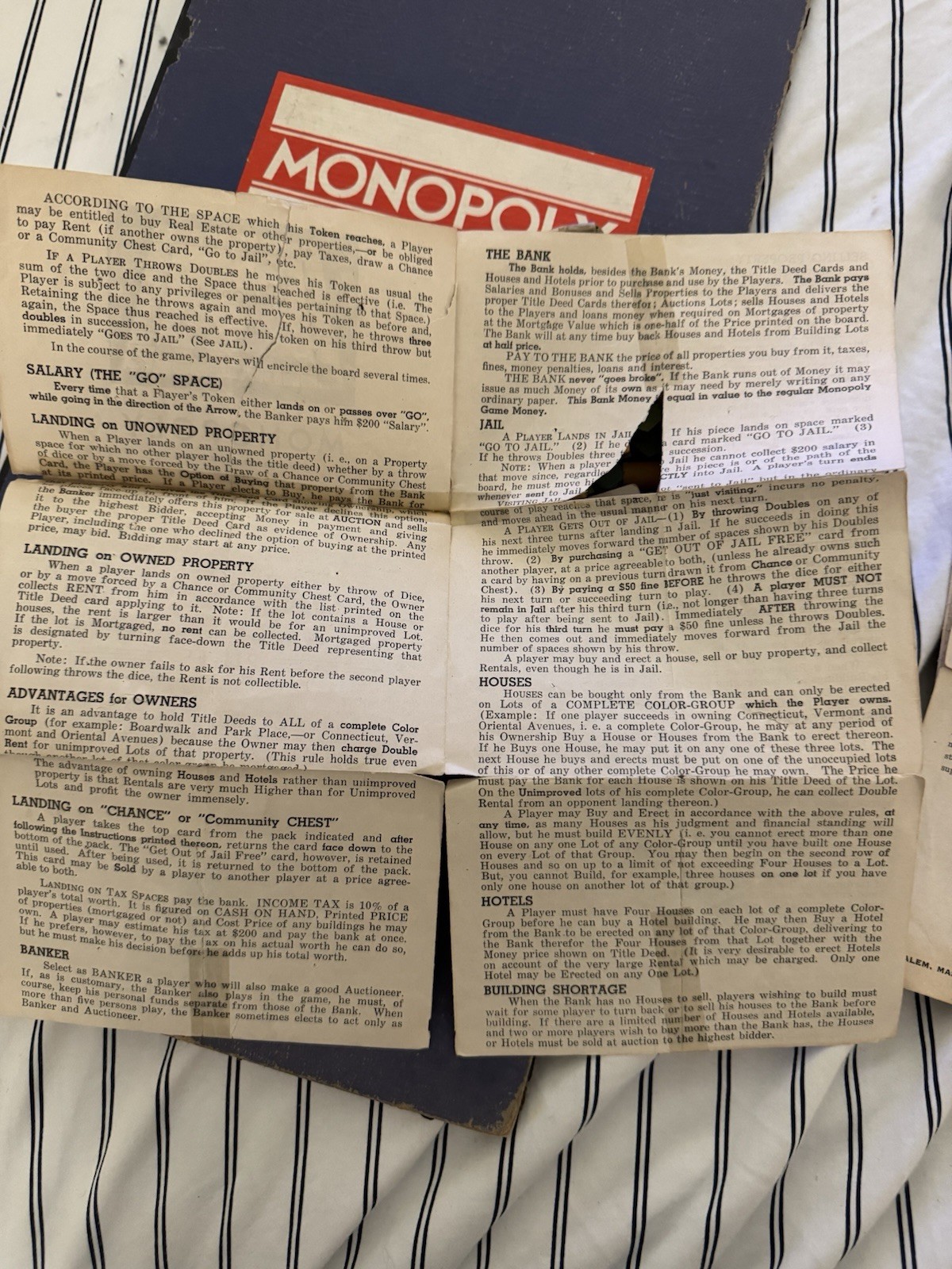1935 Monopoly Set – Parker Bros. Blue Box, Single Patent No. 2,026,082 – Rare