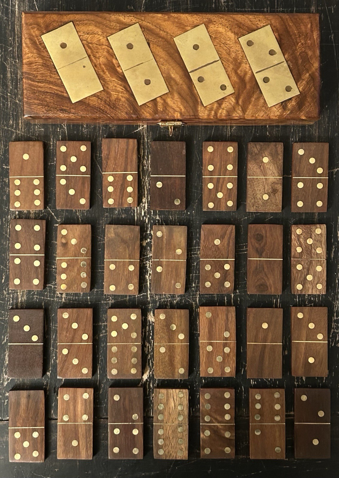 Walnut Wood & Brass Inlay Dominoes Set