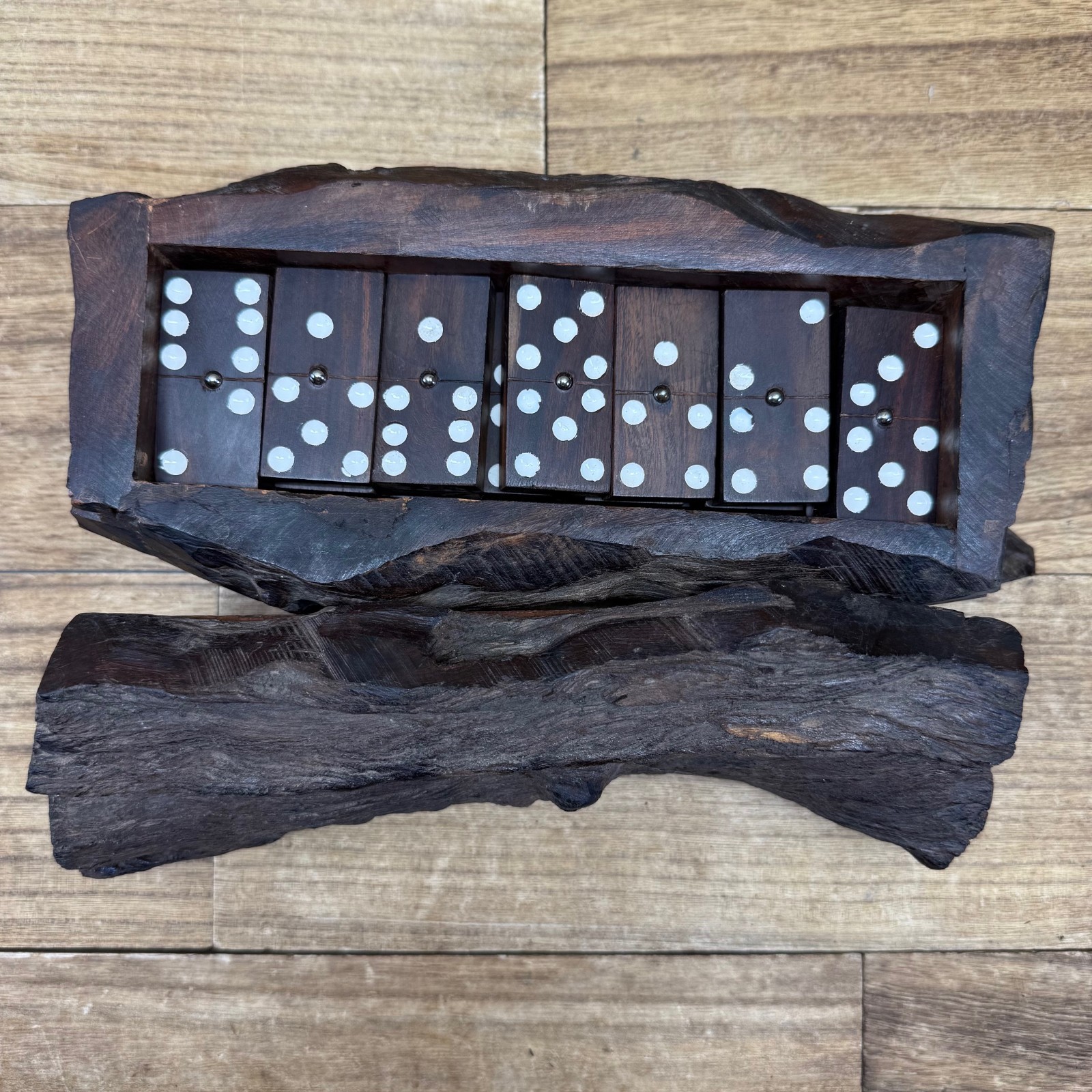 VTG Wood Hand Made Ironwood Dominos Set of 28 Tiles Rustic Log Case Complete