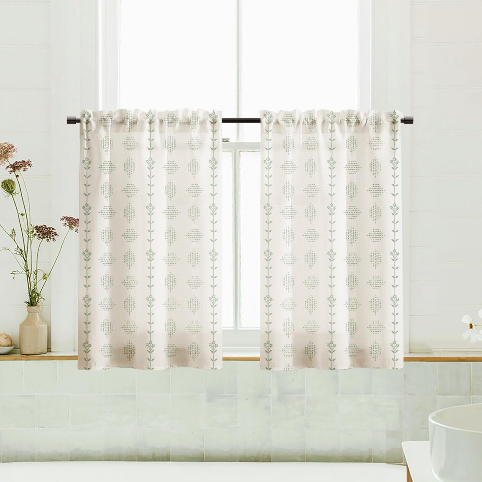 Lino Rosa Cabinet Curtains for Under 24″W x 30″L (Pack of 2), Light Green