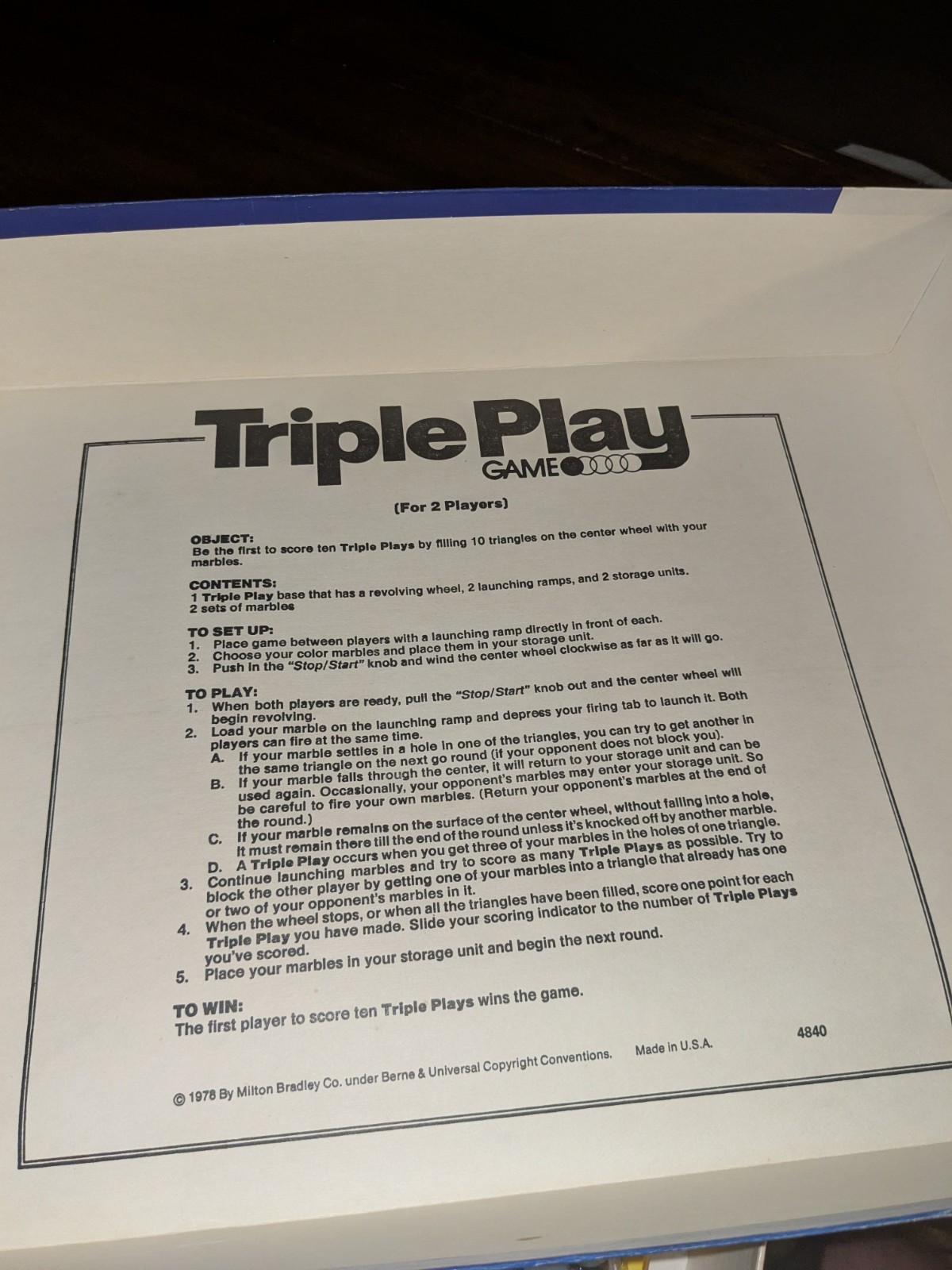 TRIPLE PLAY Skill and Action Game Milton Bradley 1978 Complete In Nice Condition