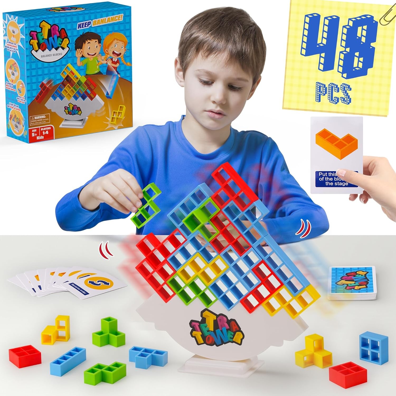 WOWNOVA 48PCS Tetra Tower, Fun Balance Stacking Building Blocks Board Game for K