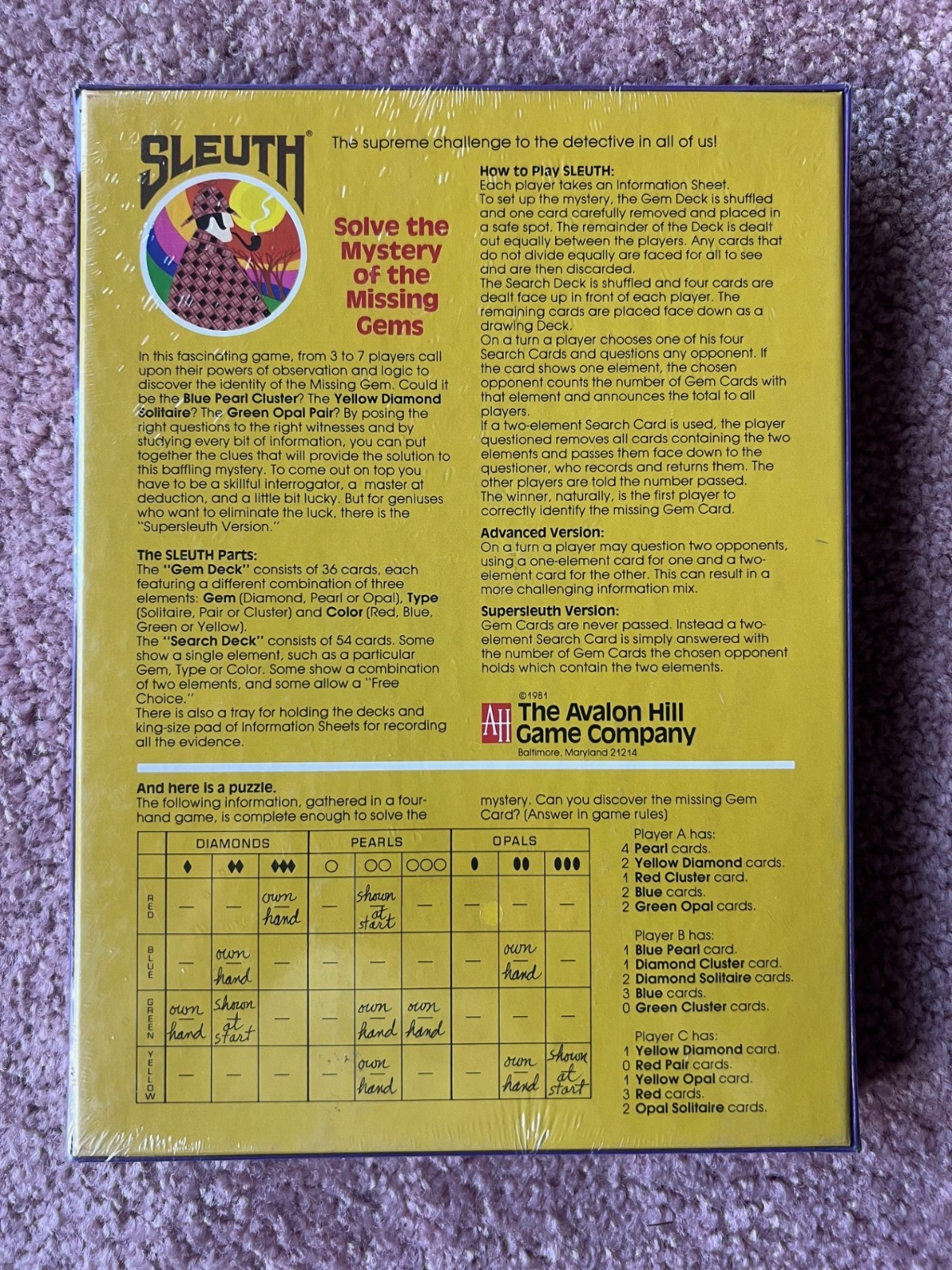 Sleuth by The Avalon Hill Game Co 1981 bookshelf box package mint in shrink wrap