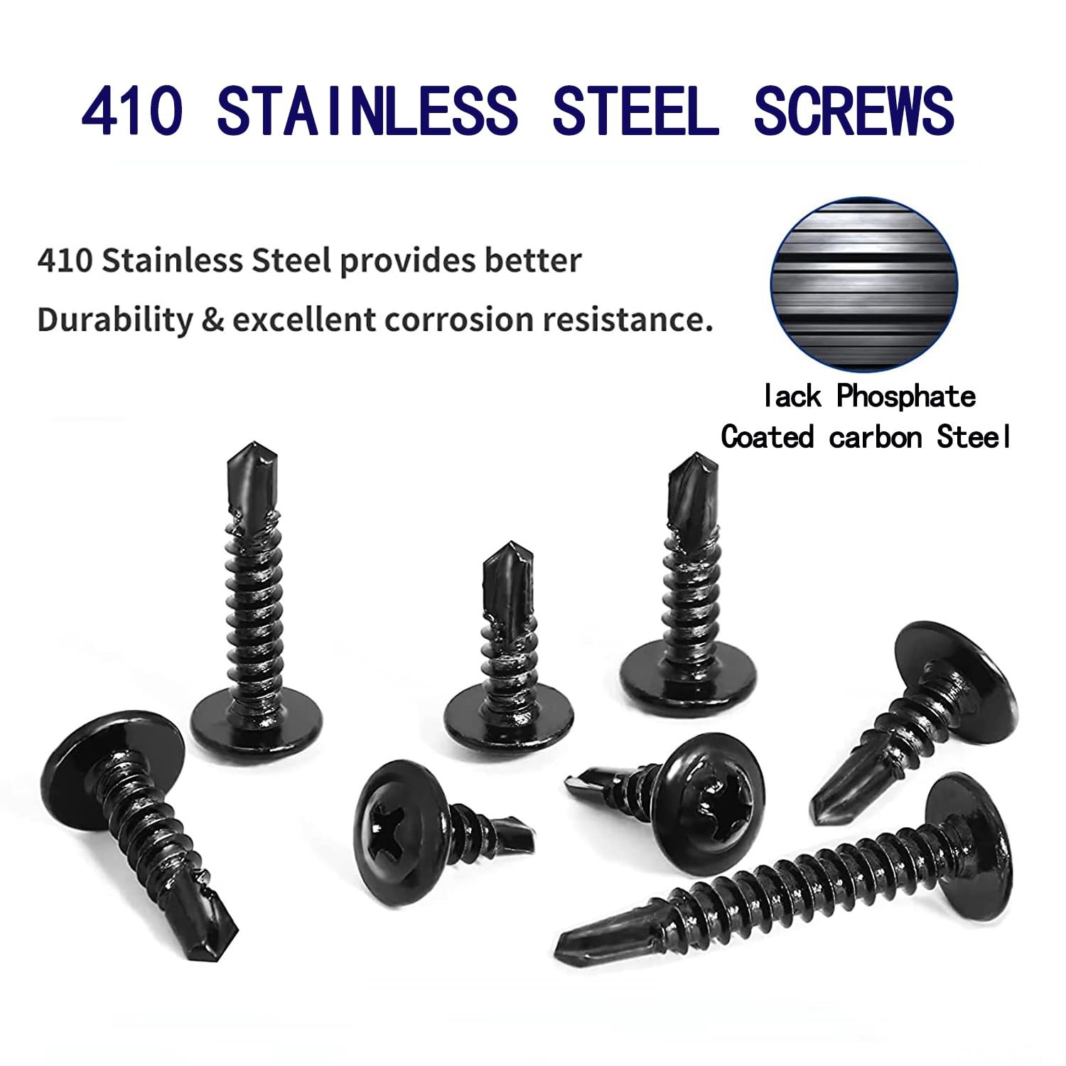100PCS #10×5/8 Black Crosshead 410 Stainless Steel Self-Drilling Screws Modif…