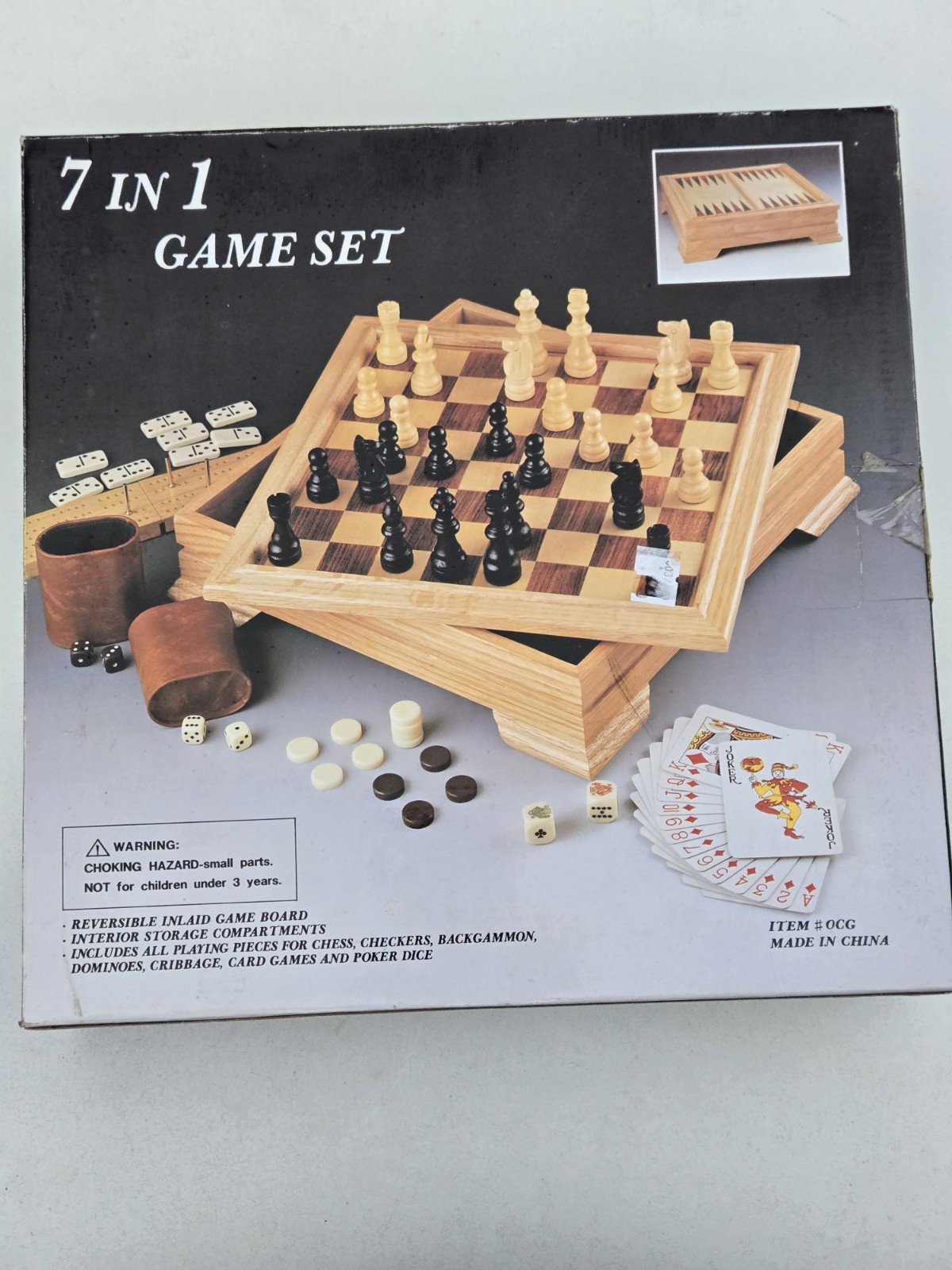 7-in-1 Classic Game Set Reversible Inlaid Board w/ Interior Storage OPEN BOX NEW