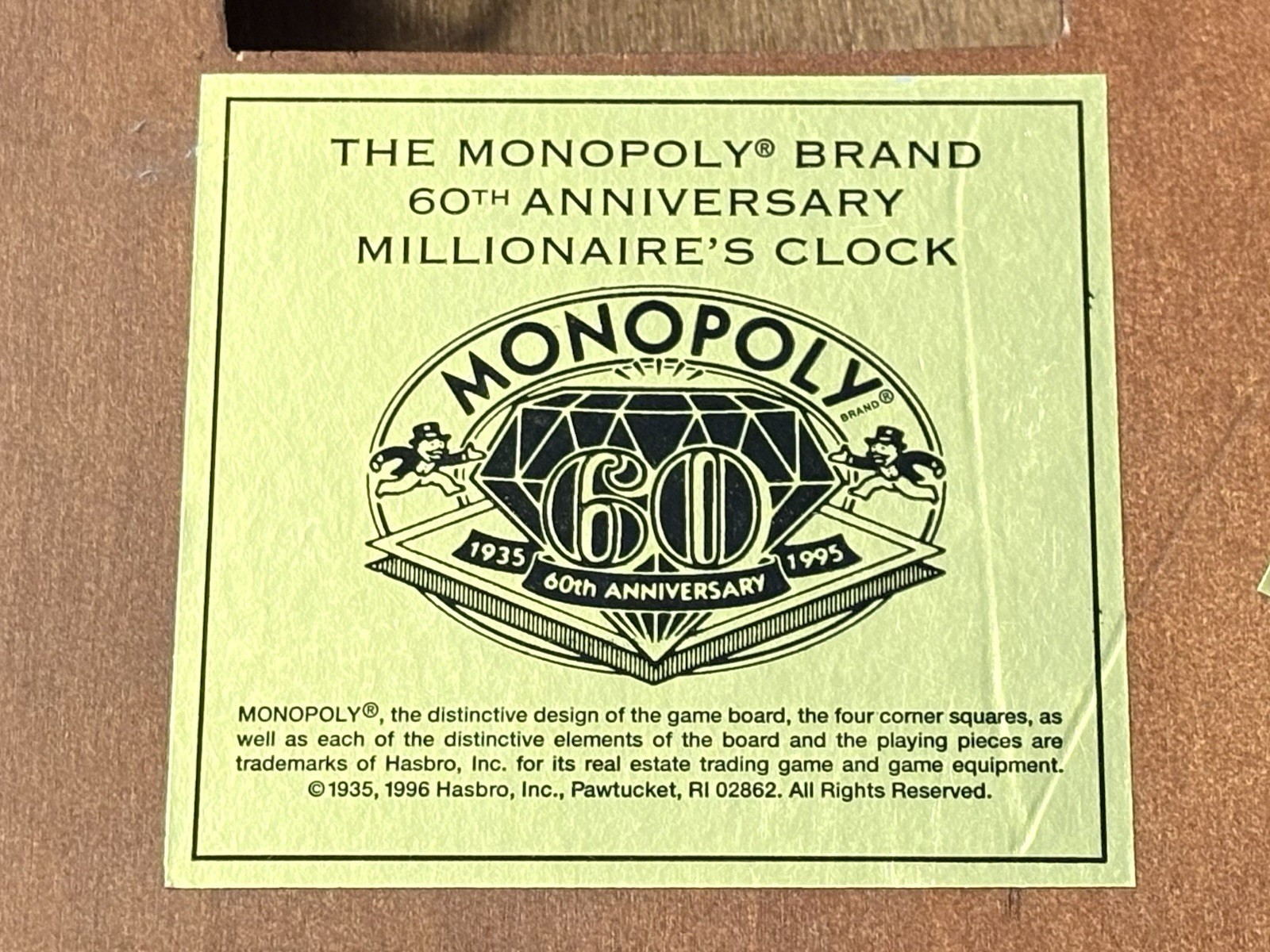Franklin Mint Monopoly Game 60th Anniversary Millionaire’s Wooden Wall Clock