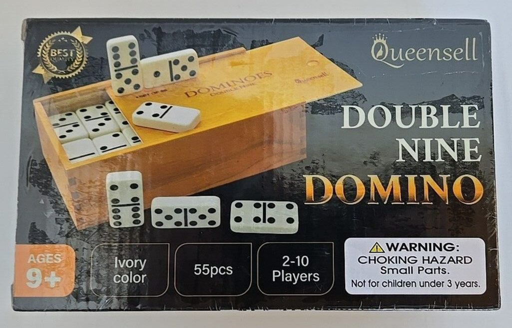 Queensell Double Nine Domino 55 Tiles Wood Case Ivory Color NEW