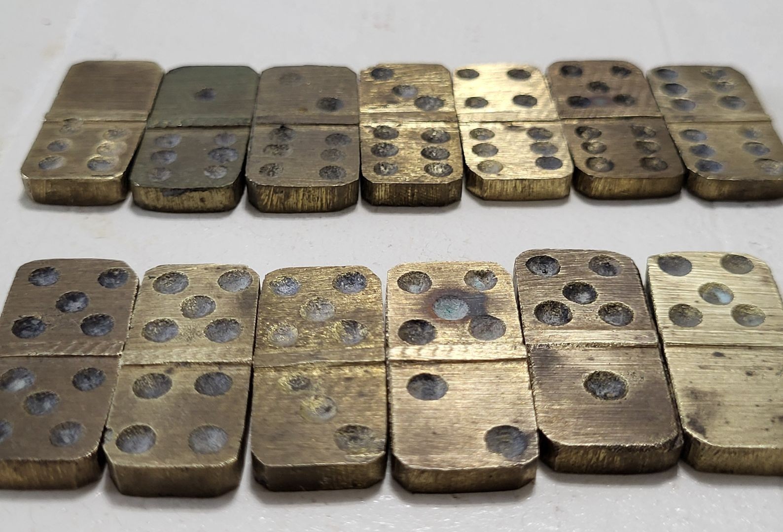 Vintage Mini Brass Domino Set Incomplete Pocket Size Game Pieces 1″ x 1/2″