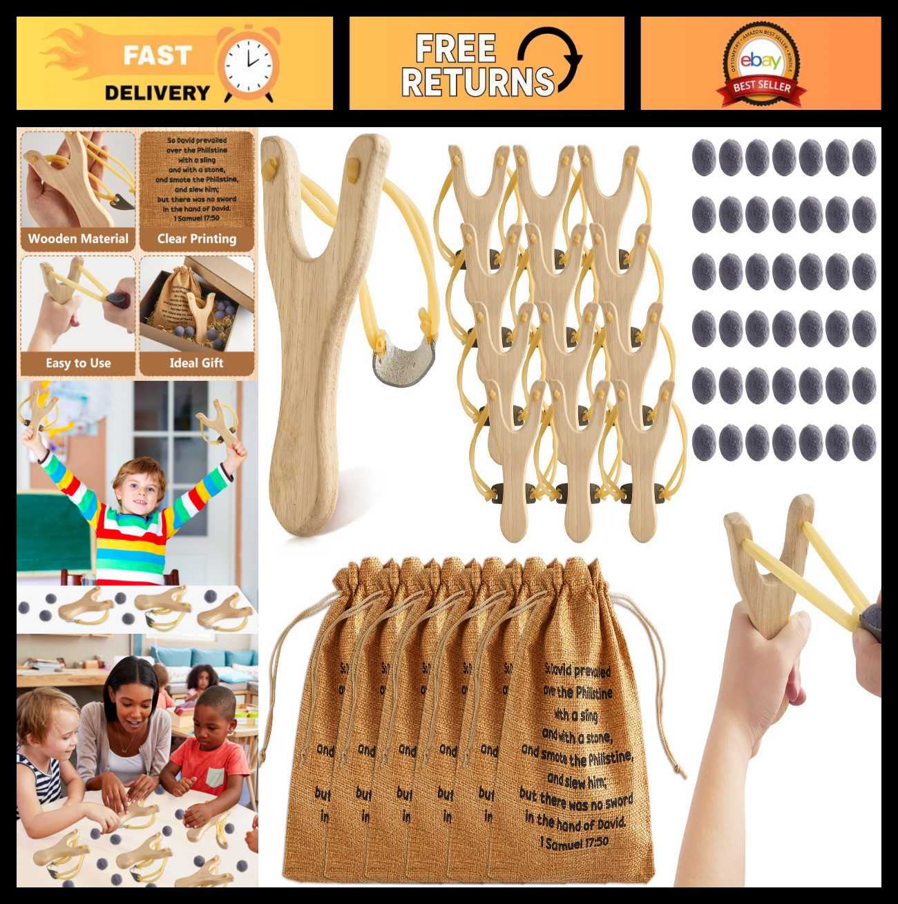 Wooden Slingshot Game Kit – Fun Bible Story Decor, Easter Party Supplies, Religi