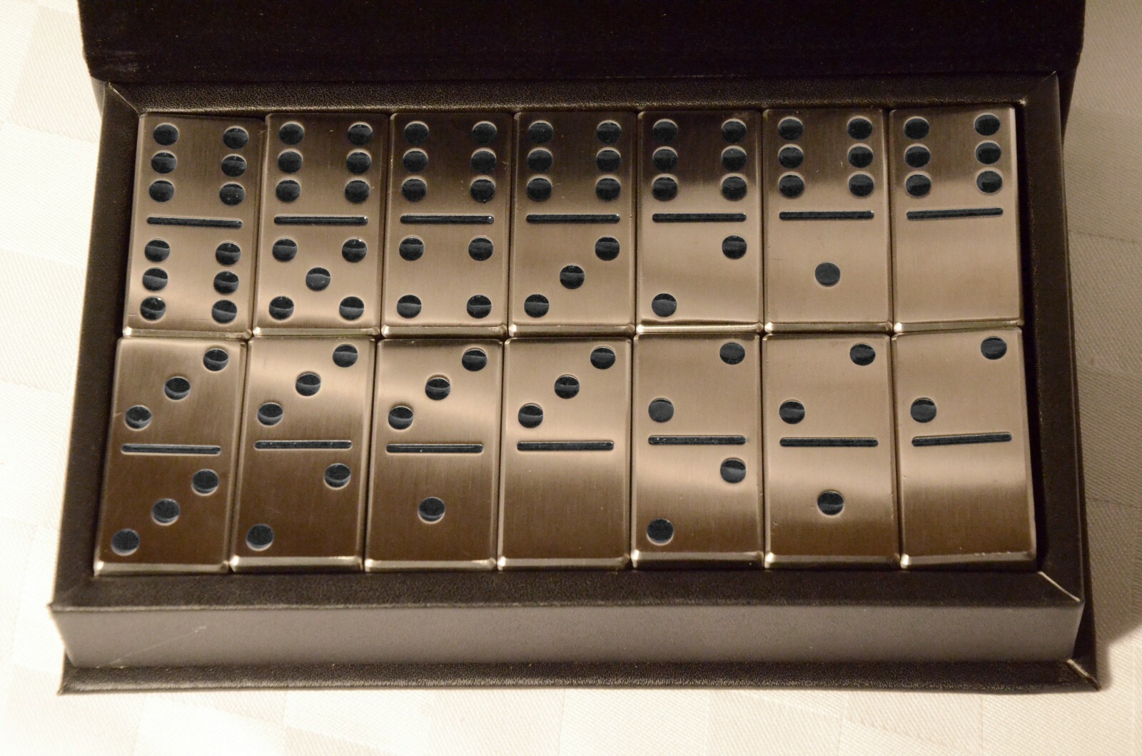Double Six Set of Stainless Steel Dominoes – Black Dots