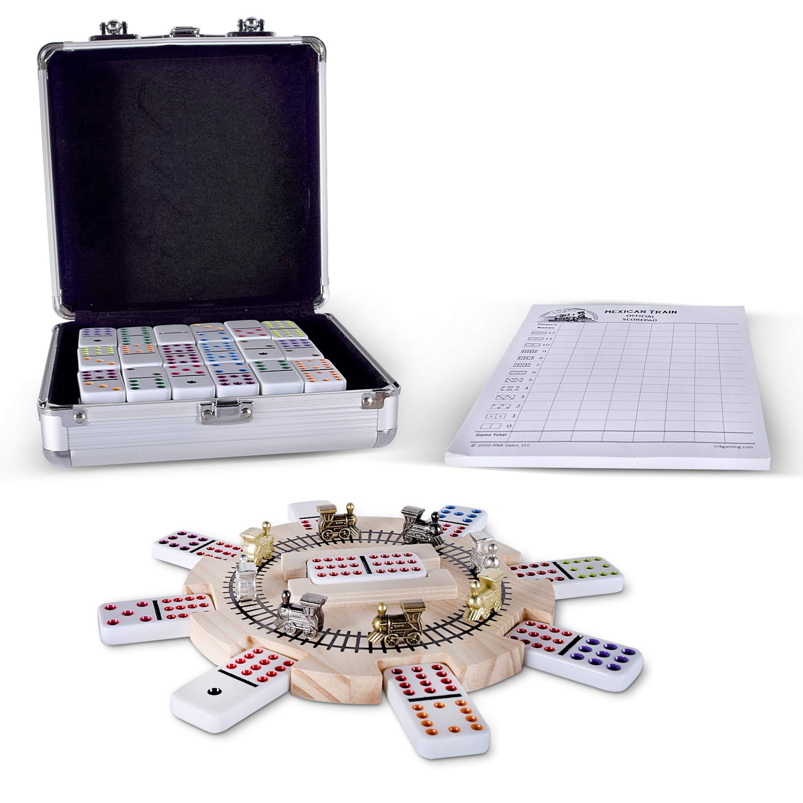 Mexican Train Dominoes Set Double 12 Wooden Hub, 8 Metal Trains – Complete Game