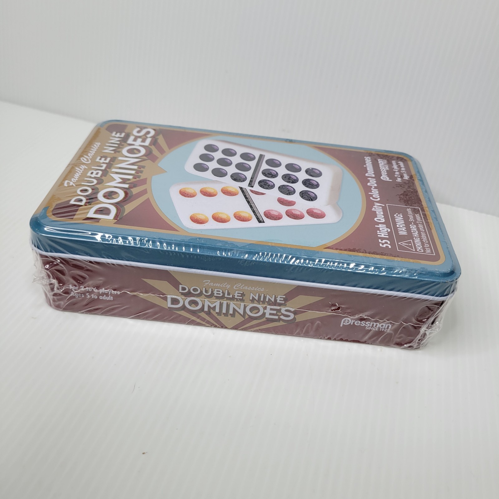 Pressman Double Nine Dominoes 55 Color Dot in Tin Container 2019 New Sealed
