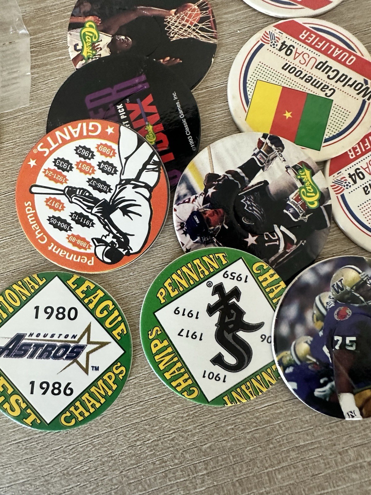 Vintage 90s Sports Pogs Lot 28 Dolphins Shaq World Cup Olympics