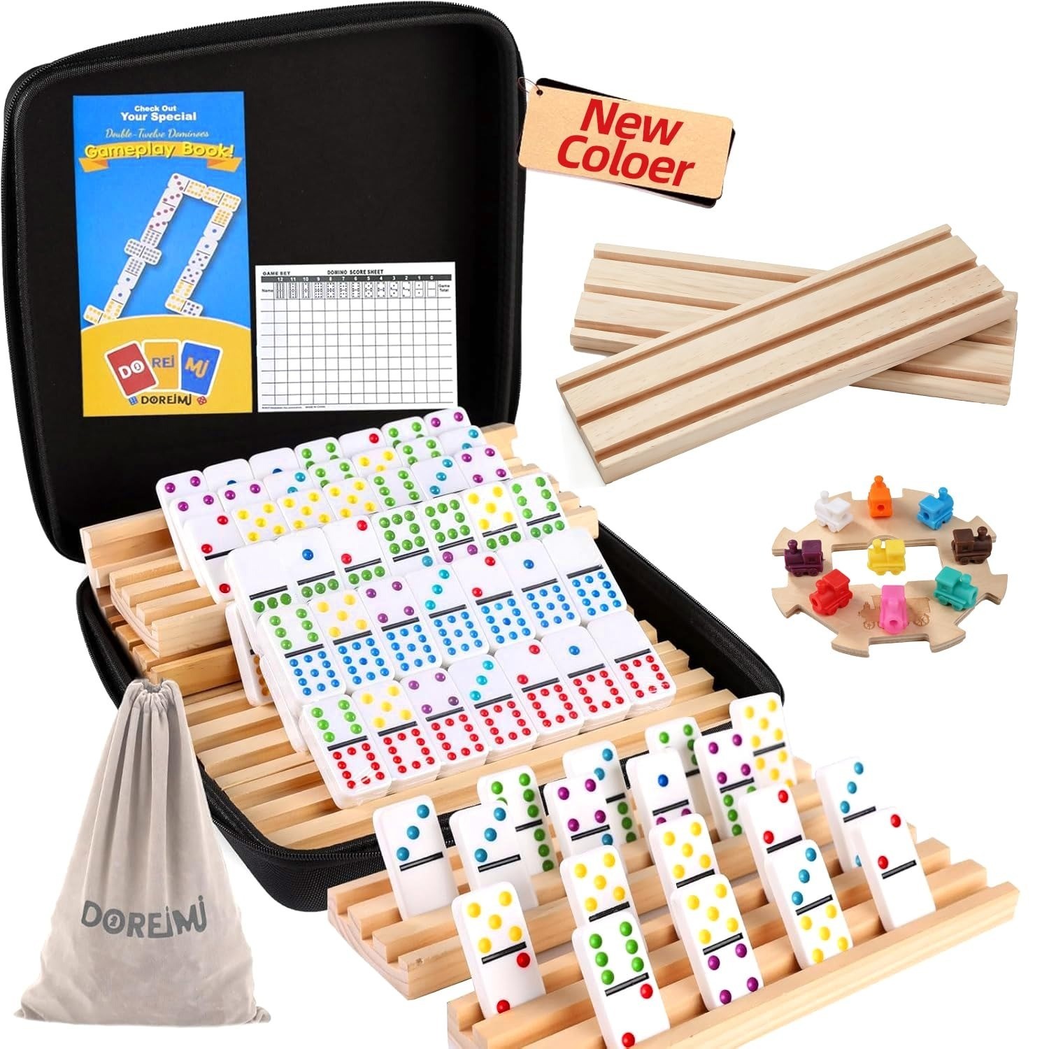 Mexican Train Dominoes Set Numbers and 8 Wooden Holders, Double 12 Travel Domino