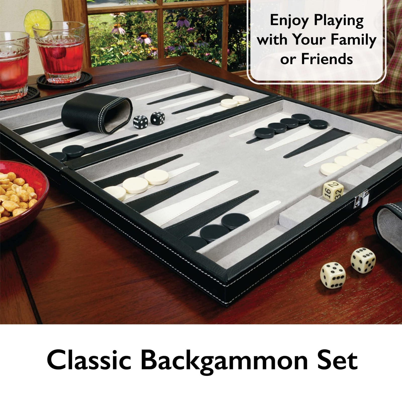 Mainstreet Classics 15 Inch Backgammon Set Travel Leatherette Case with Dice Kit