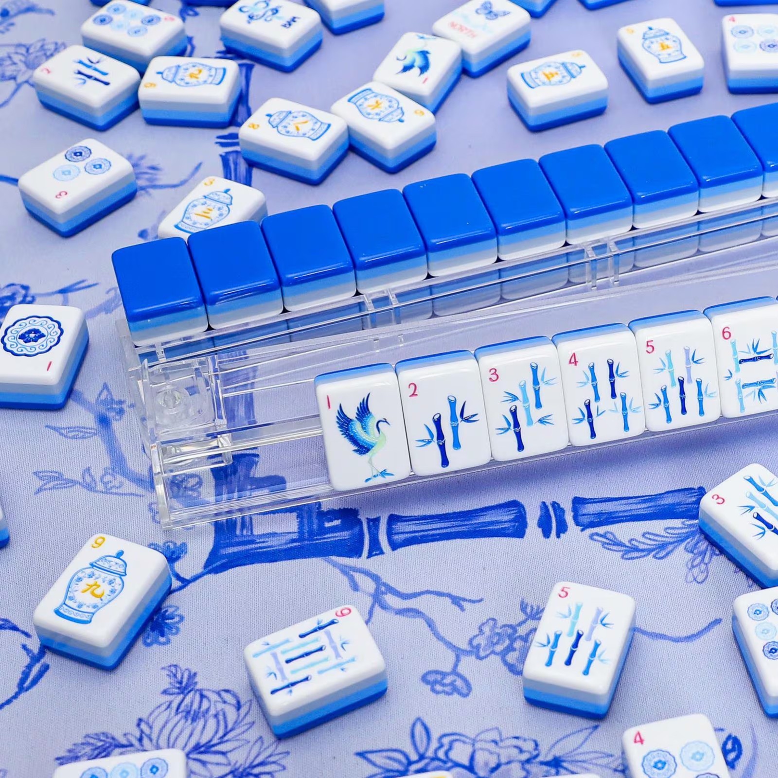 Blue and White Porcelain Chinoiserie Mahjong Tiles – 160 Acrylic Tiles