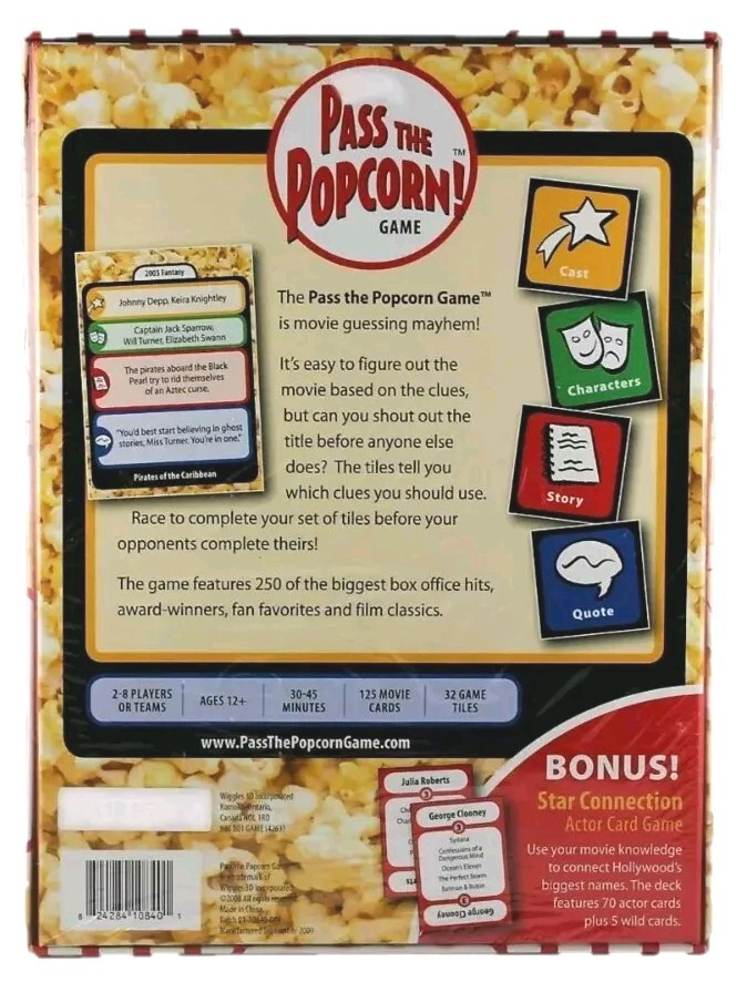 Pass The Popcorn Game – Fast Pace Family Friendly Movie Trivia Game New In Box