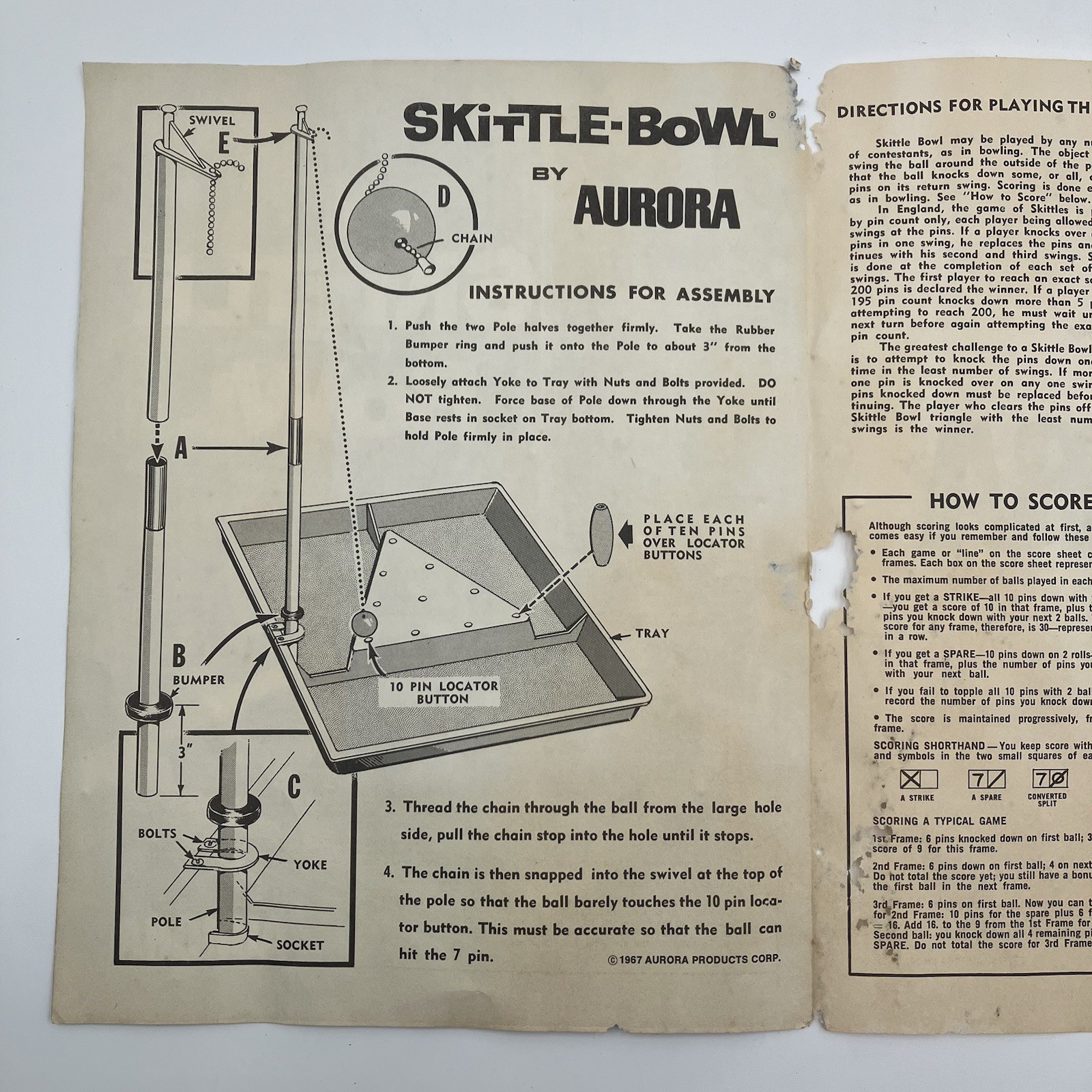 Vtg The Original Skittle Bowl Board Game Complete 3 Ex Pins Score Cards Manual