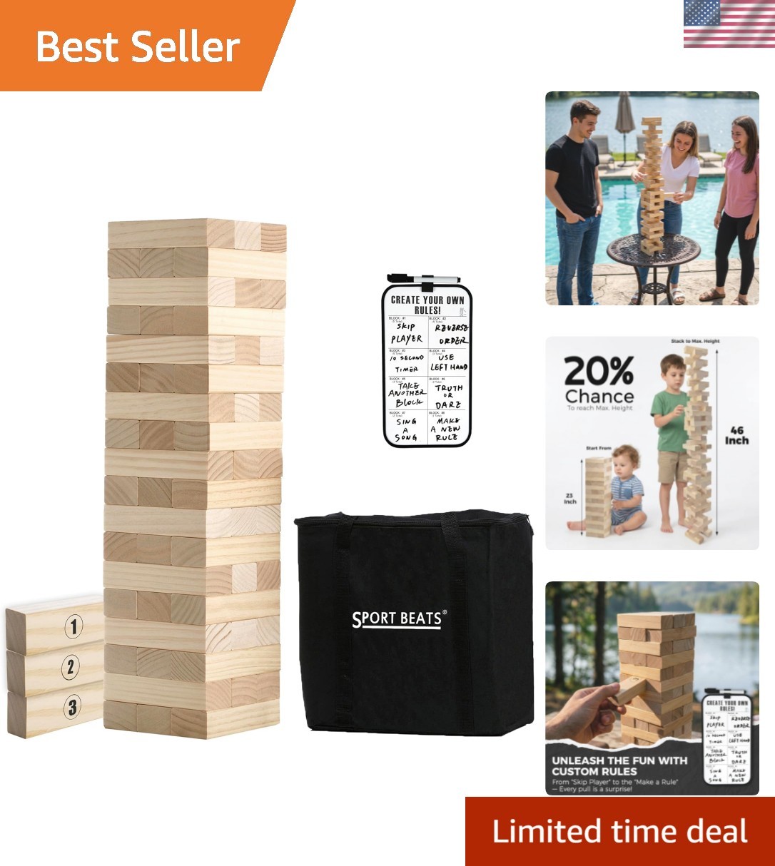 Outdoor Games Large Tower Stacking Game, 54 Wooden Blocks, Stack Up to 4 Ft T…