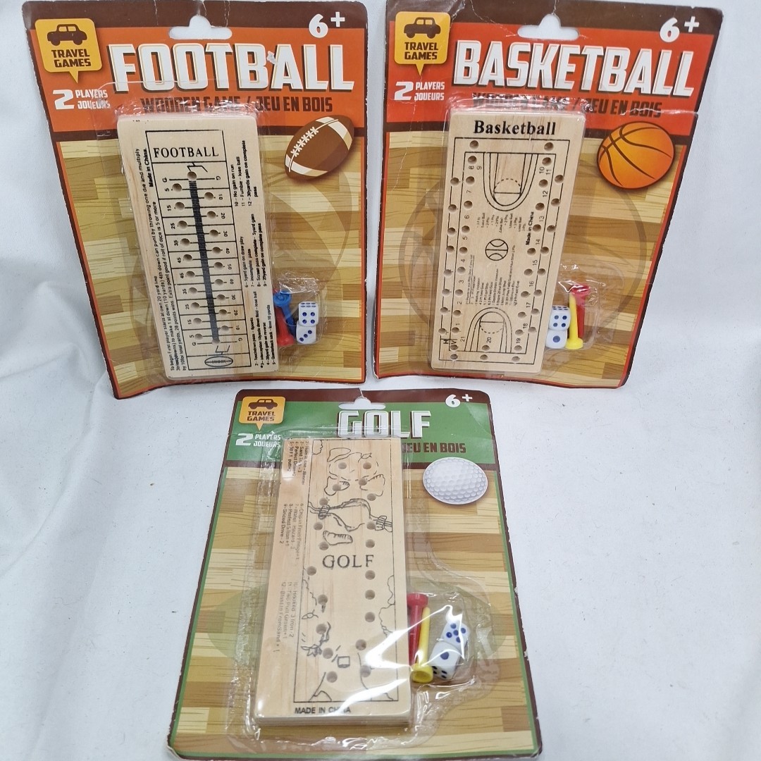 3 New Wooden Travel Games Football – Golf – Basketball 2 Players Wooden Peg Dice