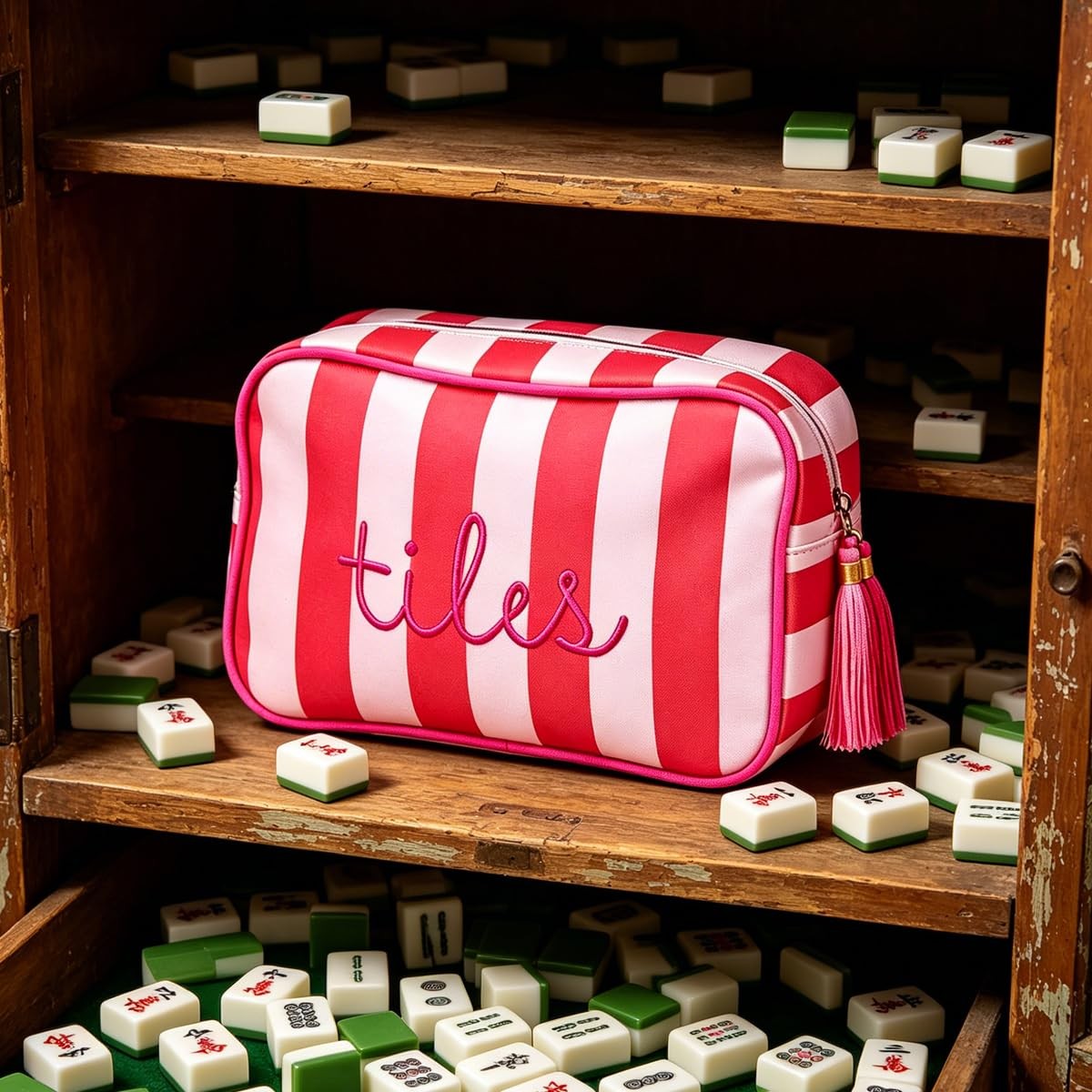 Mahjong Tile Bag, Thickened Canvas Zippered Mahjong Storage Pouch, Embroidere…