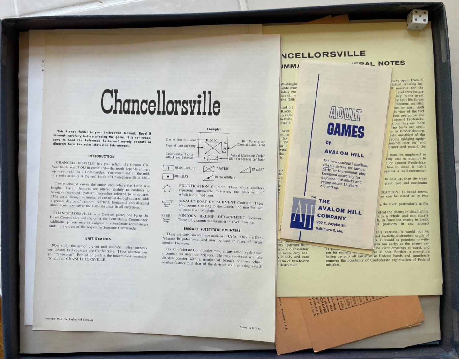 Chancellorsville Civil War Battle Game – Avalon Hill -1961 1st Edition unpunched