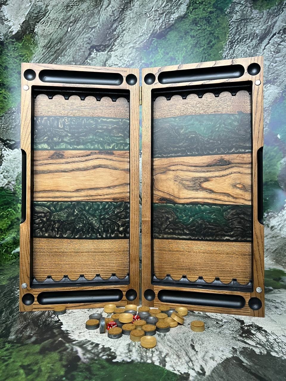 Green Epoxy River Backgammon Set | Natural Wood Luxury Game Board 50×50 cm