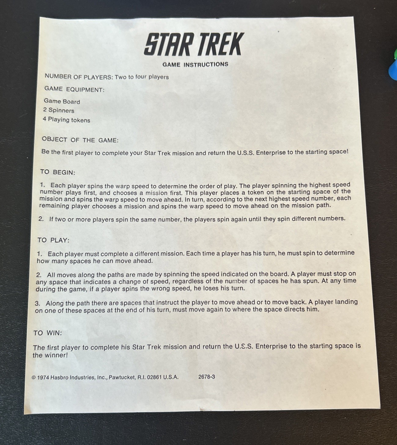 Hasbro Star Trek Movie & TV Board Game 1974 Complete MPN 2678-3