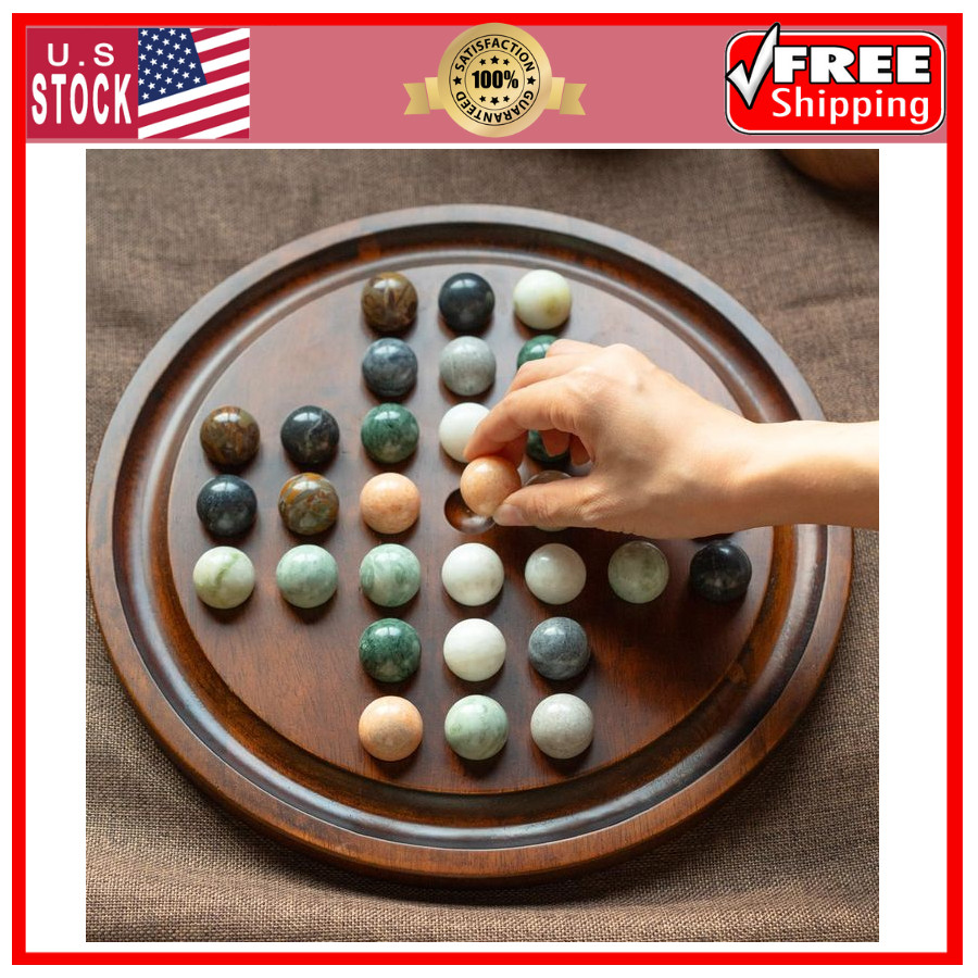 12.6” Wooden Solitaire Board Game Single Player Strategy with Marble Balls Set