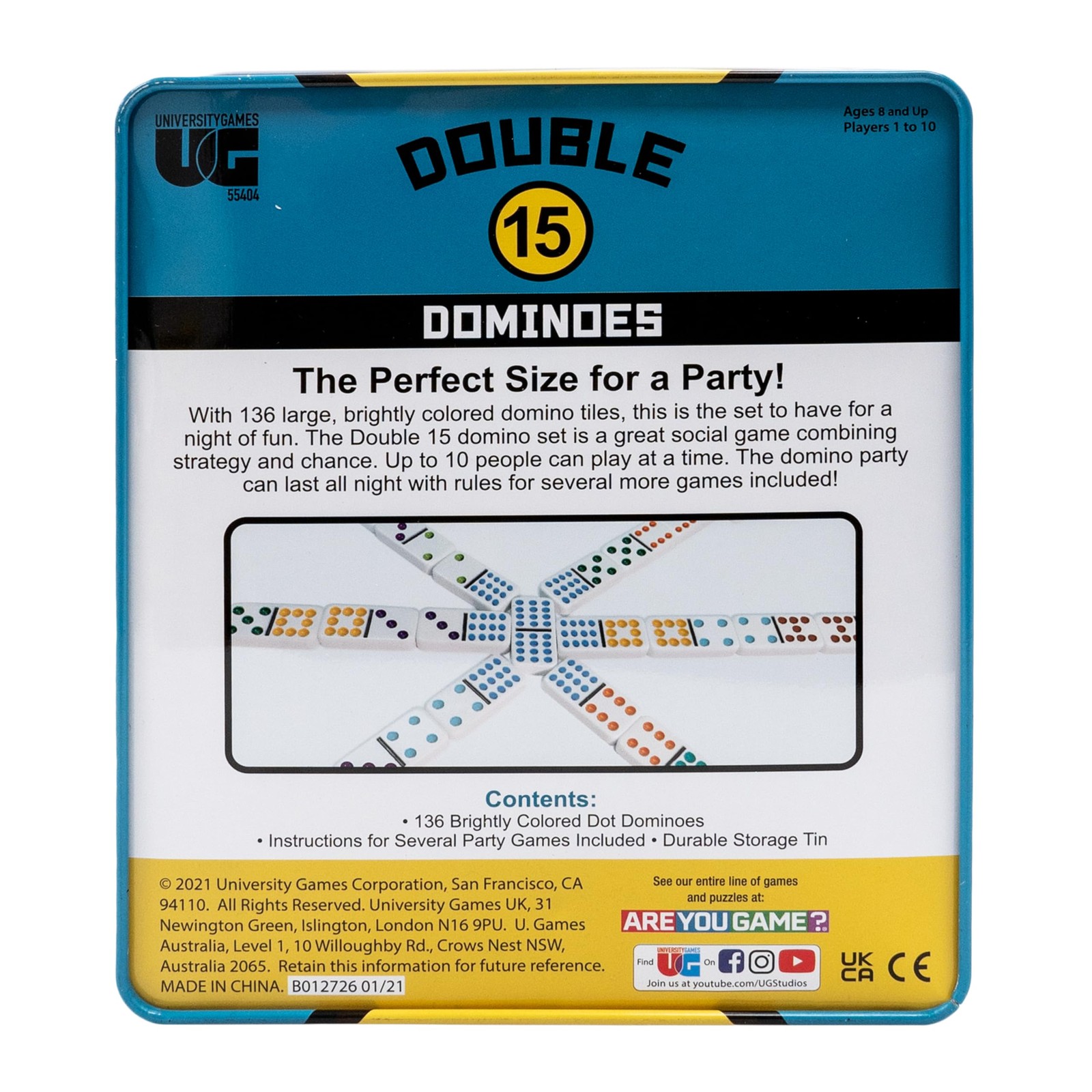 , Double 15 Color Dot Dominoes Set On-the-Go Travel Storage Tin, 2 to 12 Play…
