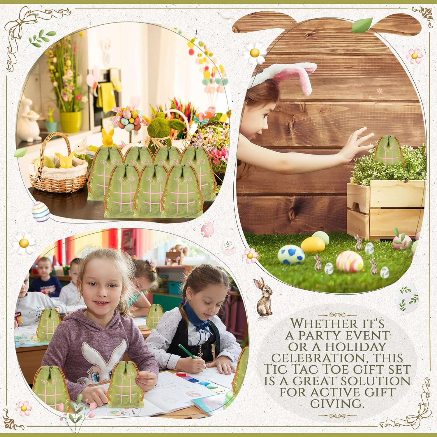 36 Set Easter Game for Kids Bulk Bunny Tic Tac Toe with Vintage Easter Egg Woode
