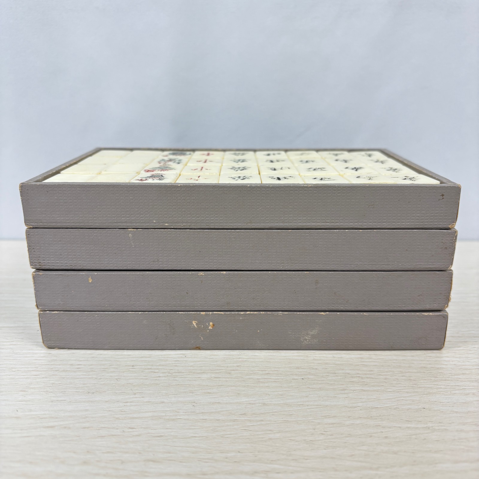Vintage Japanese Mahjong Tile Set Brown Leather Case 1950s-60s Ivory Tiles AS-IS