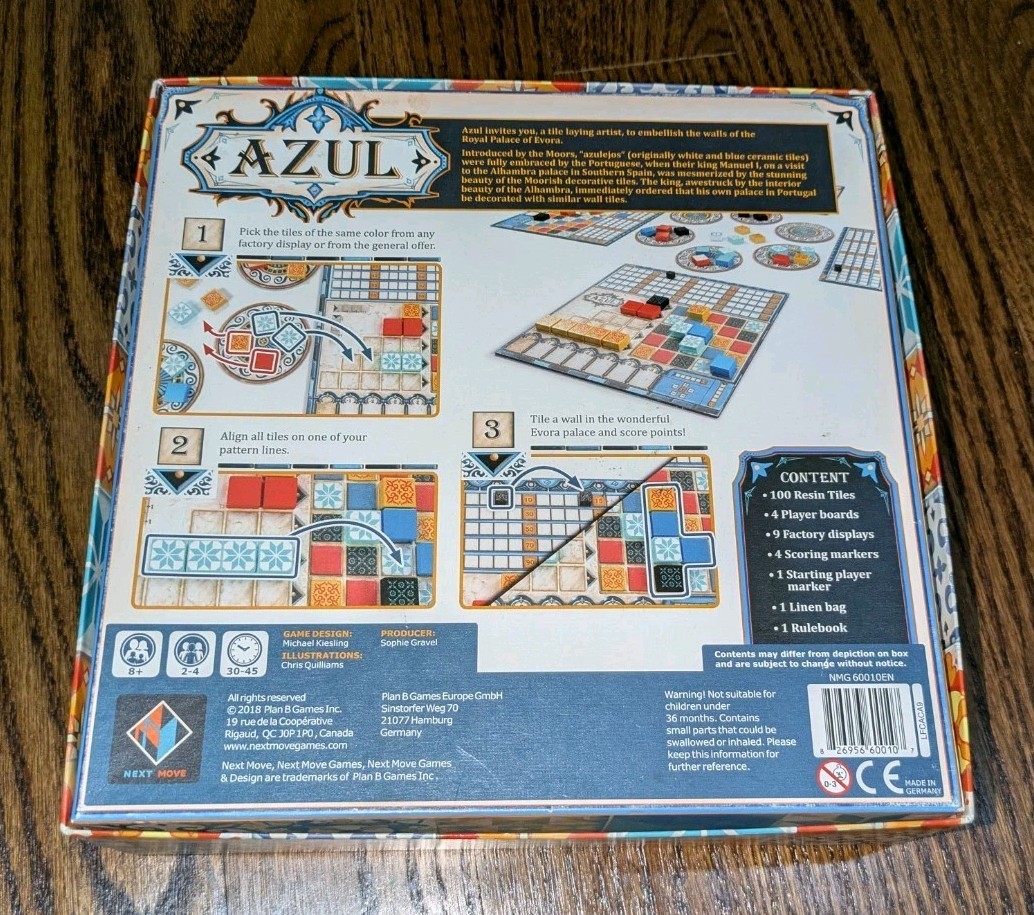 AZUL Tile Laying Decorative Art Board Game Next Move 100% Complete 2018 Kiesling