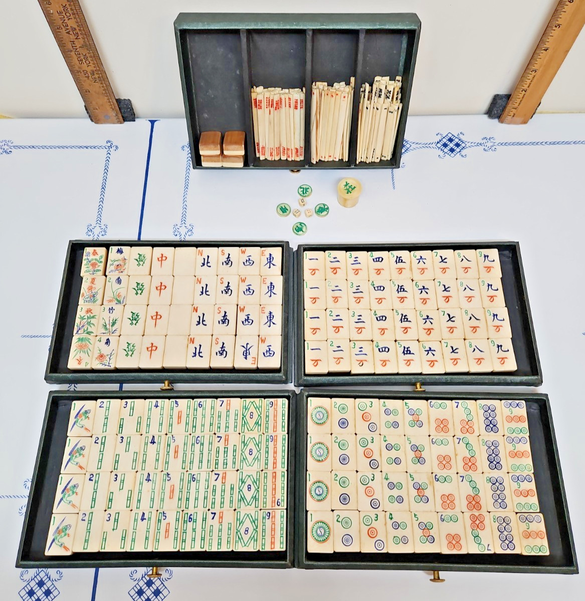 MAHJONG SET. With Beautiful Bone and Bamboo Tiles in Ornate Case W/Book Antique