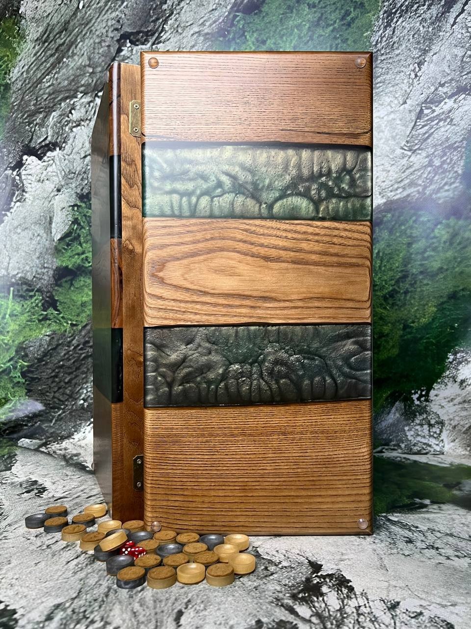 Green Epoxy River Backgammon Set | Natural Wood Luxury Game Board 50×50 cm