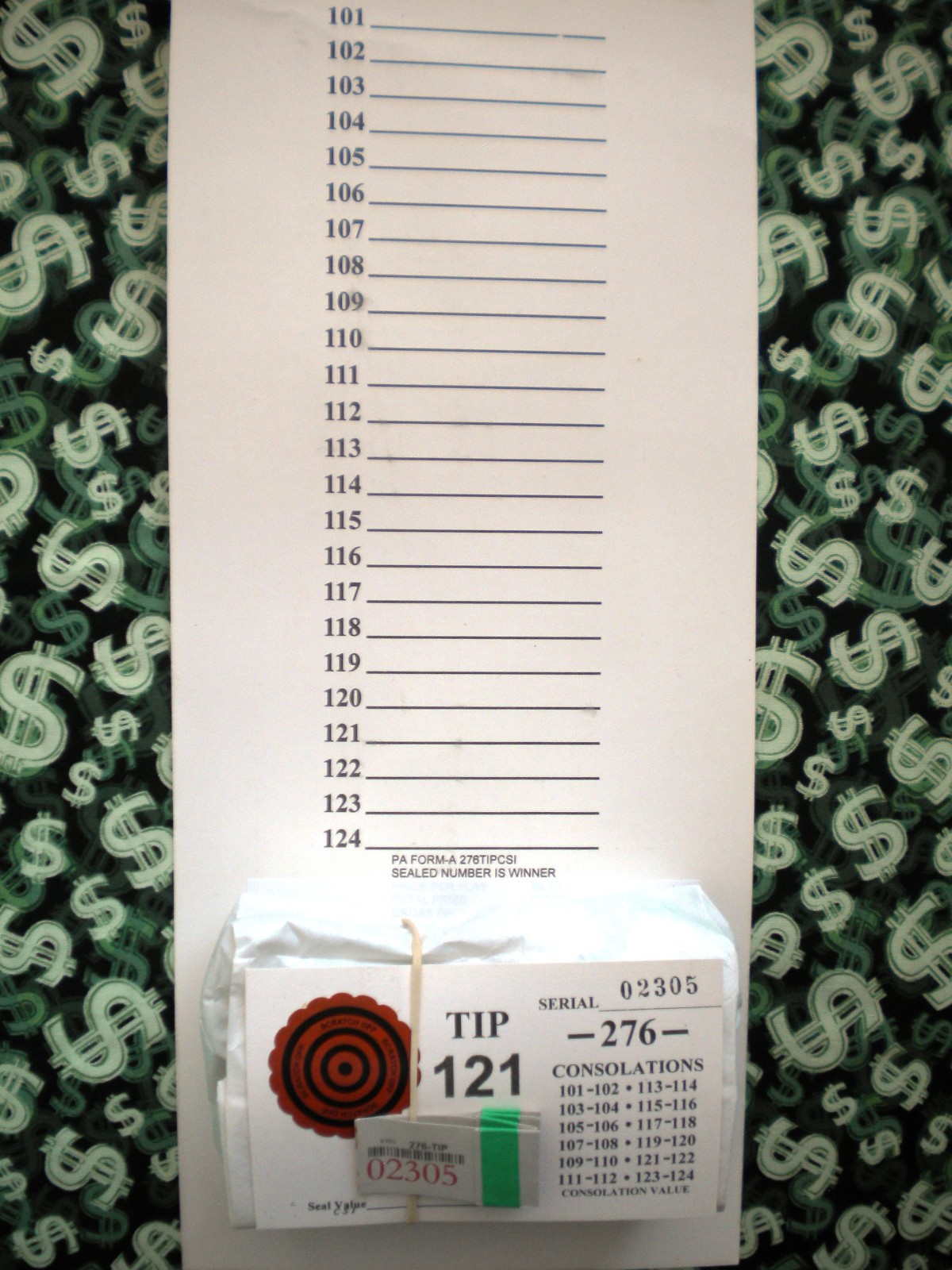 1 Game ~ 276-P4’s x69 REGULAR “NOT Sure” TIP BOARD {101-124} Pull Tab Jar Ticket