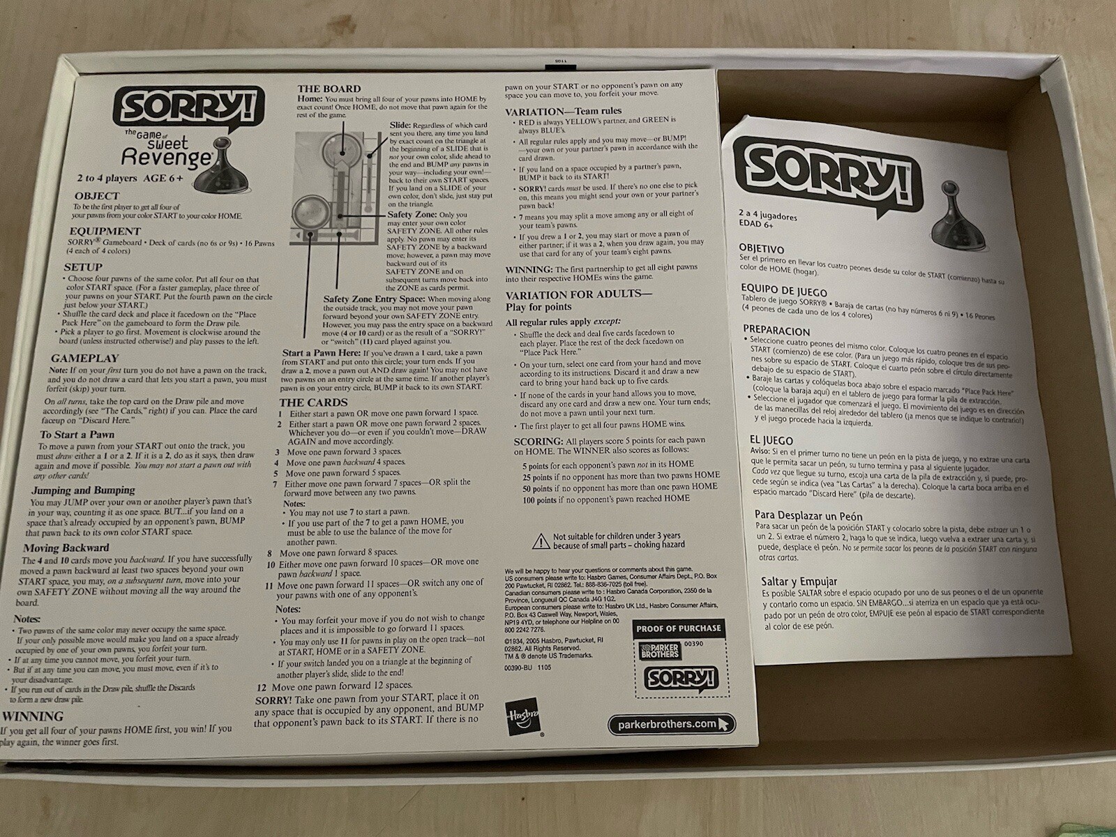 SORRY ! Parker Brothers Hasbro Board Game Of Sweet Revenge 2005 Complete
