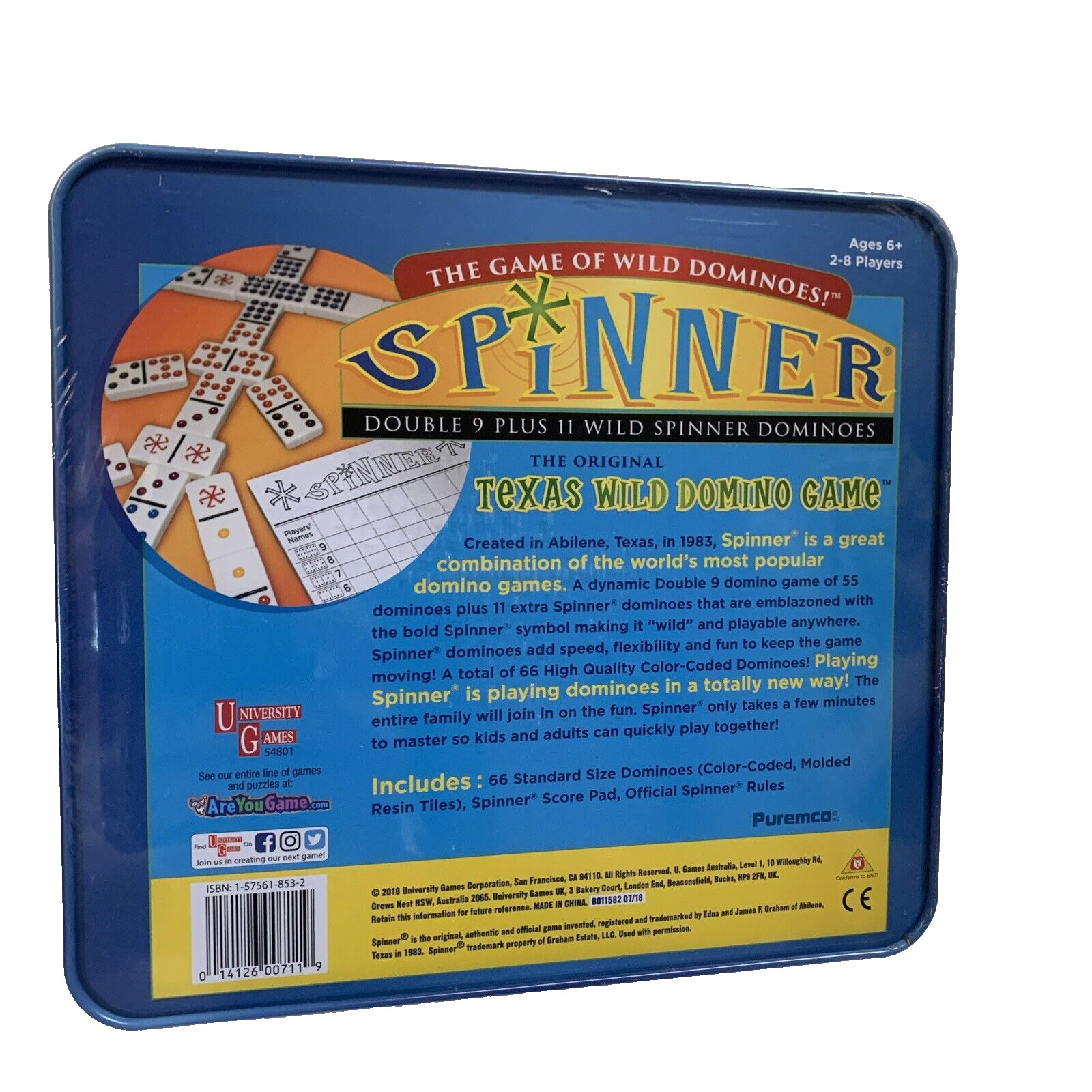 Spinner Game of Wild Dominoes in On-the-go Travel Tin , for 2 to 8 Players