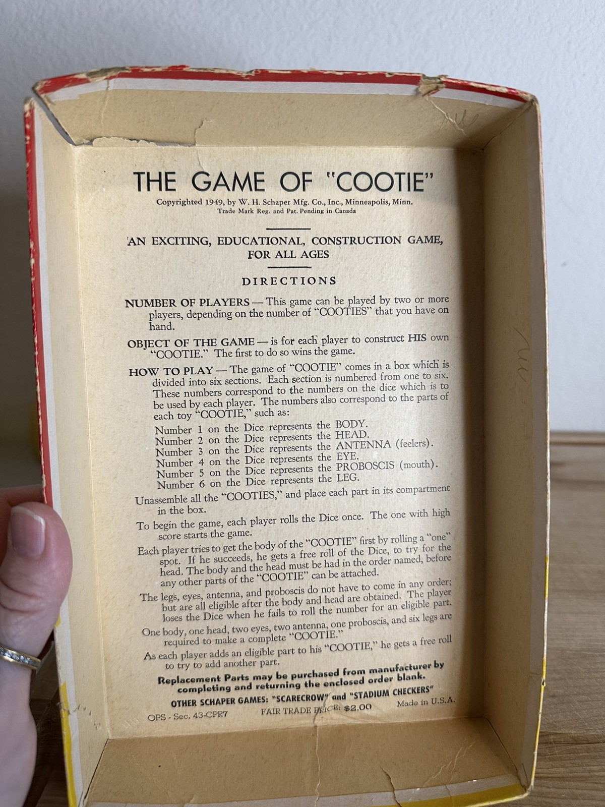 1949 Vintage The Game of Cootie Original Box Complete – Variety of Colors