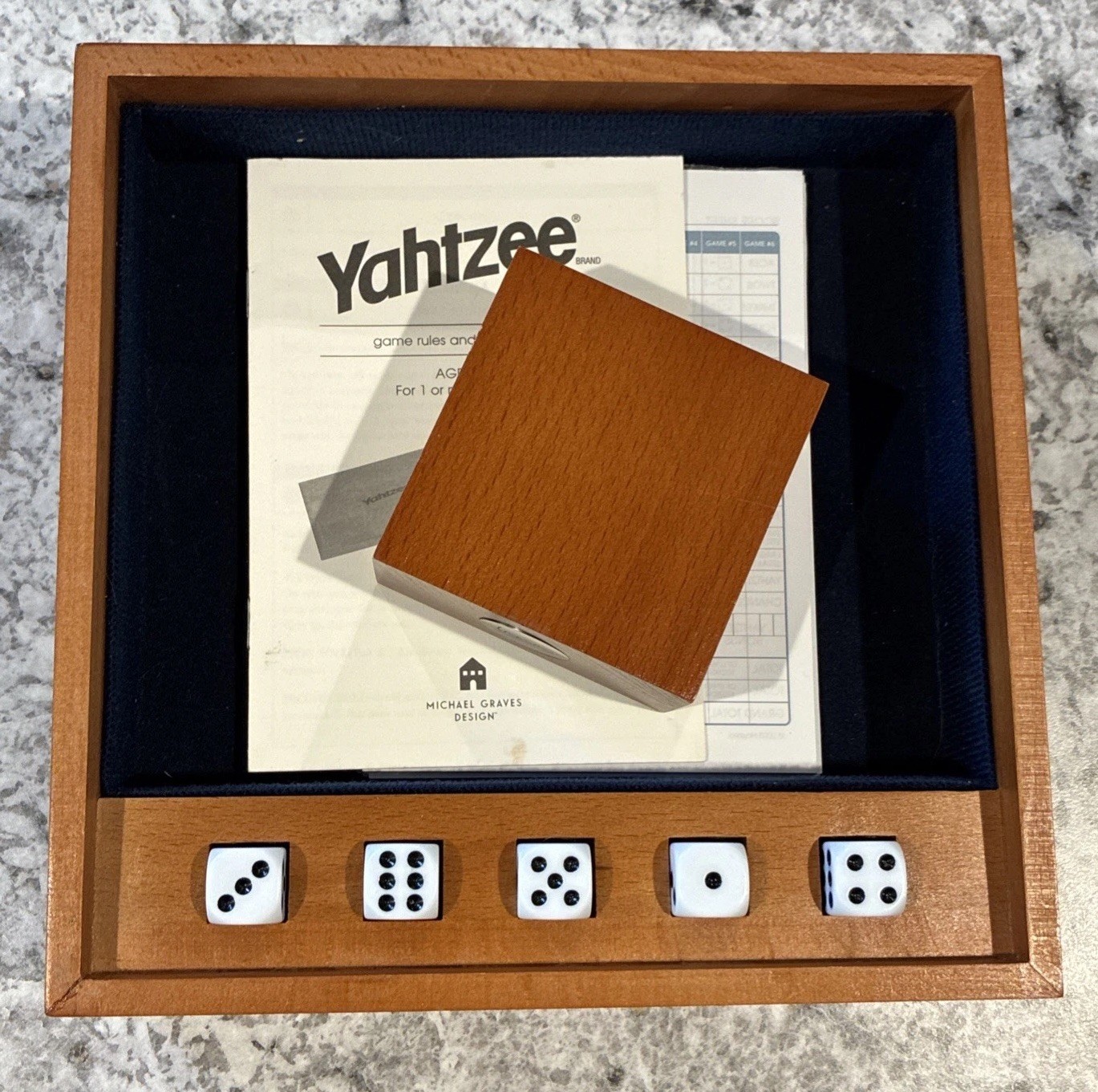 Michael Graves Design YAHTZEE Game Custom Wooden Box & Cup w/ Score Sheets