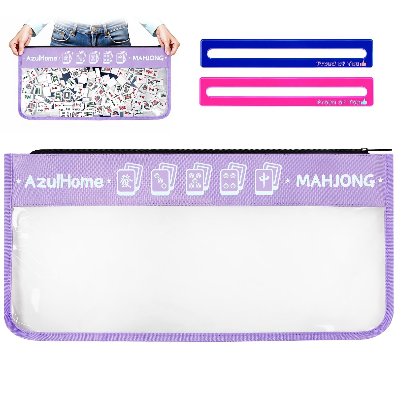 AzulHome PVC Mahjong Tiles Bag with 2 Mahjong Line Finders, Light Purple, 21″x9″