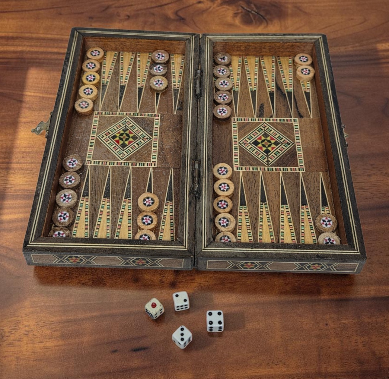 Lebanese Backgammon And Checker Board Set With Mother Of Pearl/Walnut Inlays