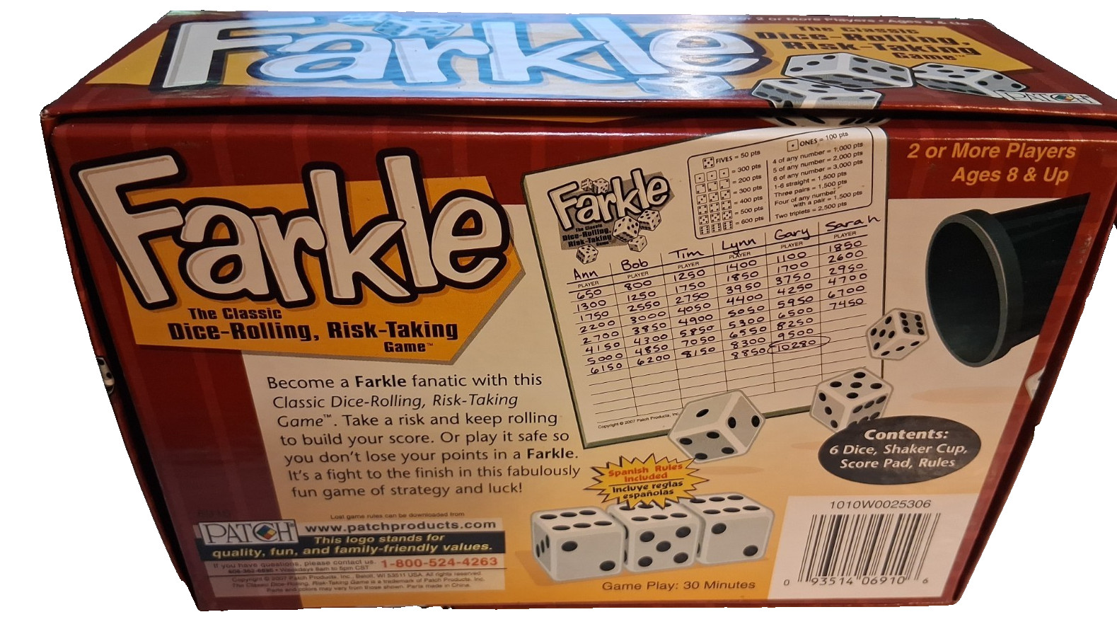 Farkel Game by Patch Complete Boxed Game 6 Dice Cup Score Sheets Instructions