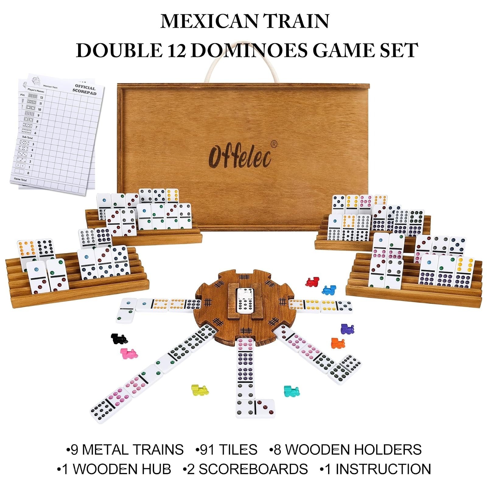 Mexican Train Dominoes Set with 8 Holders, Double 12 Dominos Set for Adults, Mex