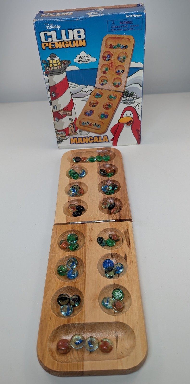 Disney CLUB PENGUIN MANCALA Wooden Board Game 45/48 Clear Stones (INCOMPLETE)